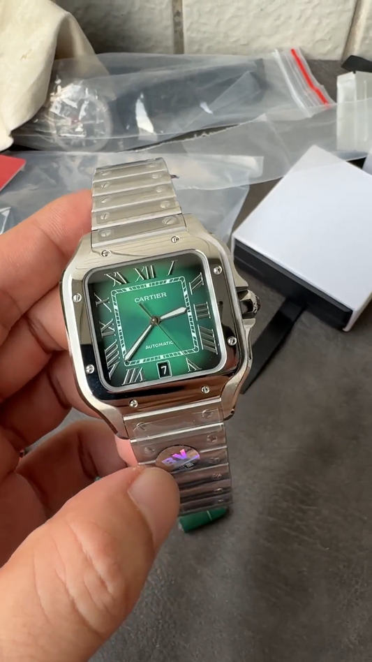 Cartier Santos Automatic – Green Sunburst Dial – Stainless Steel