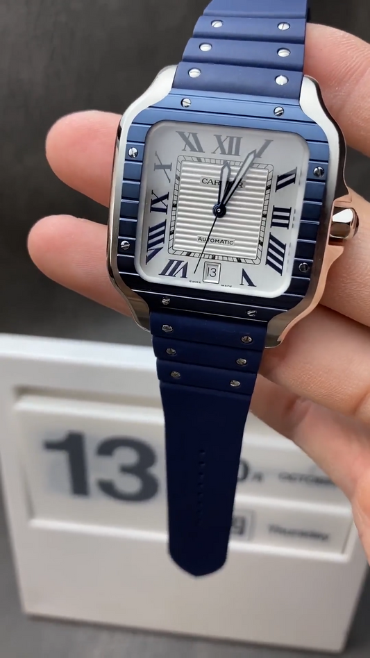 Cartier Santos Automatic – Blue Rubber Strap – Stainless Steel