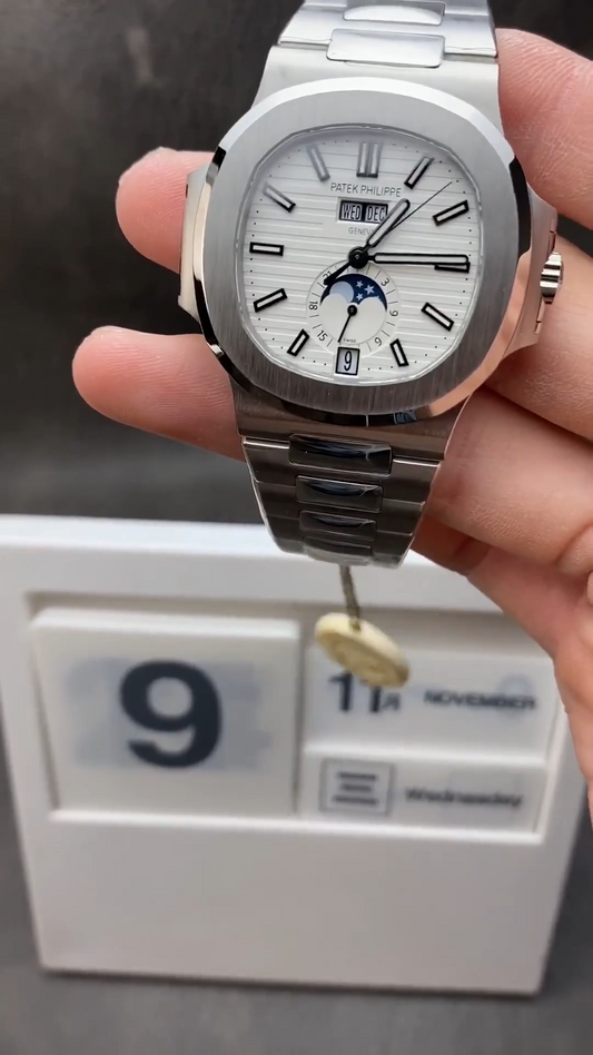Patek Philippe–Style Nautilus Annual Calendar with Moonphase — Stainless Steel
